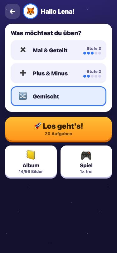 Startseite eines Kindes mit Stufen für Mal und Geteilt sowie Plus und Minus